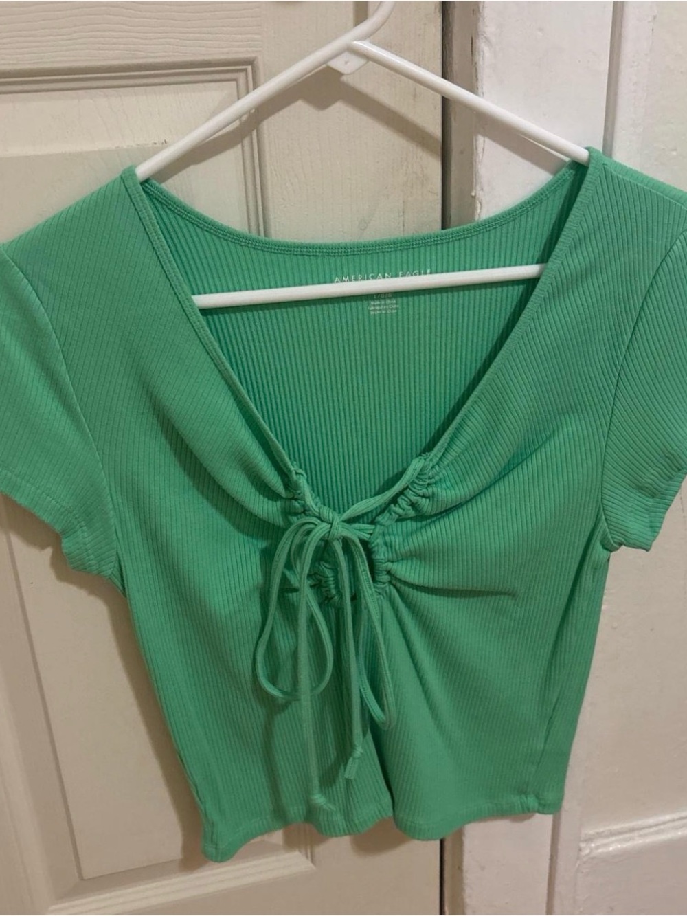 American Eagle Outfitters Mint Green Ribbed Tie-Front Crop Top